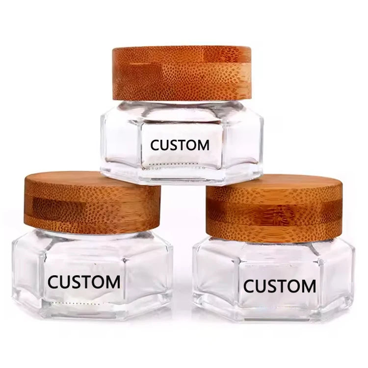 Wholesale 50ml Transparent Hexagonal Cosmetic Face Cream Clear Glass Jar With Bamboo Lid