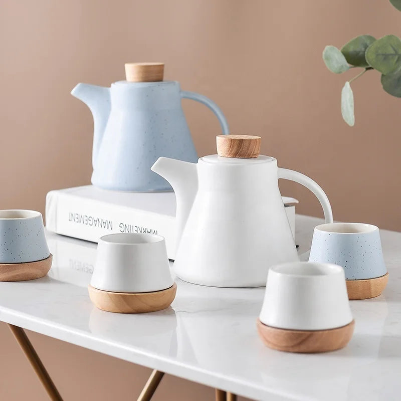 Factory Wholesale SAI MEI C016 Modern Ceramic Porcelain Eco-Friendly Mug with Wood Base Gift Teapot Set
