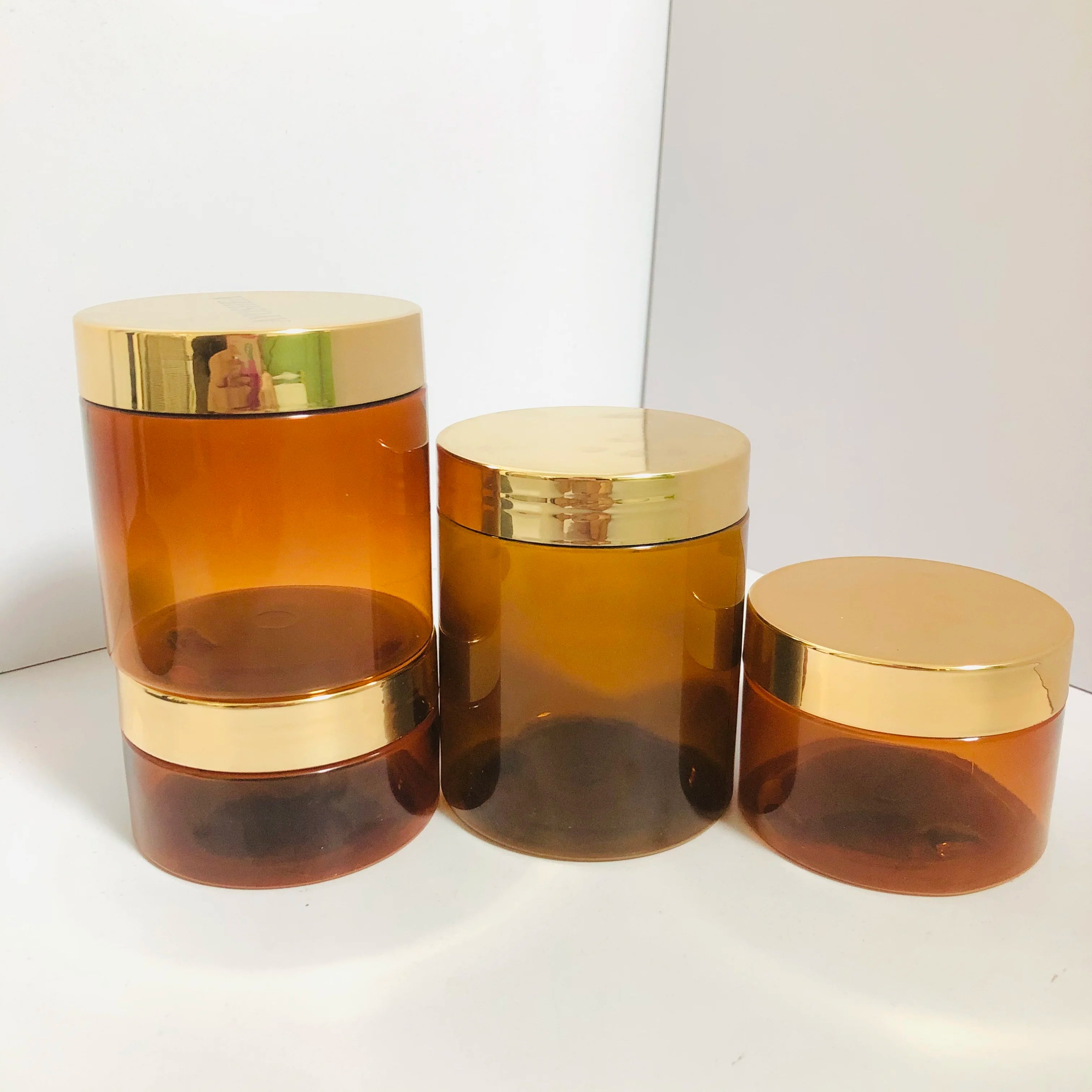 Amber Pet Cosmetic Container Jar with Gold Lid Empty 8oz Wide Mouth 250ml Plastic Airtight Food Storage Amber Tin
