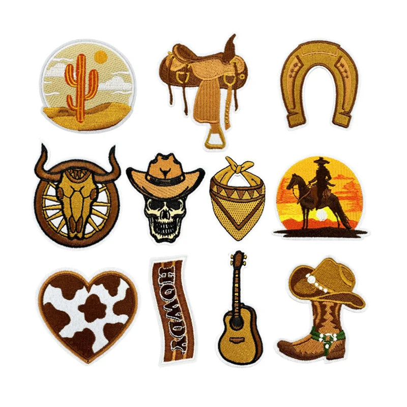 New  Embroidered Iron on Western Cowboy Theme Boot Gun Skull Horseshoes  Saddle Patch for Clothing Hat Bag Decoration