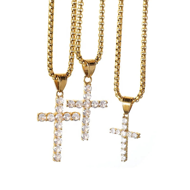 Dainty 18K Gold Plated 316L Stainless Steel Jewelry Bling Large Big Diamond Zircon Cross Pendant Necklace for Women Men