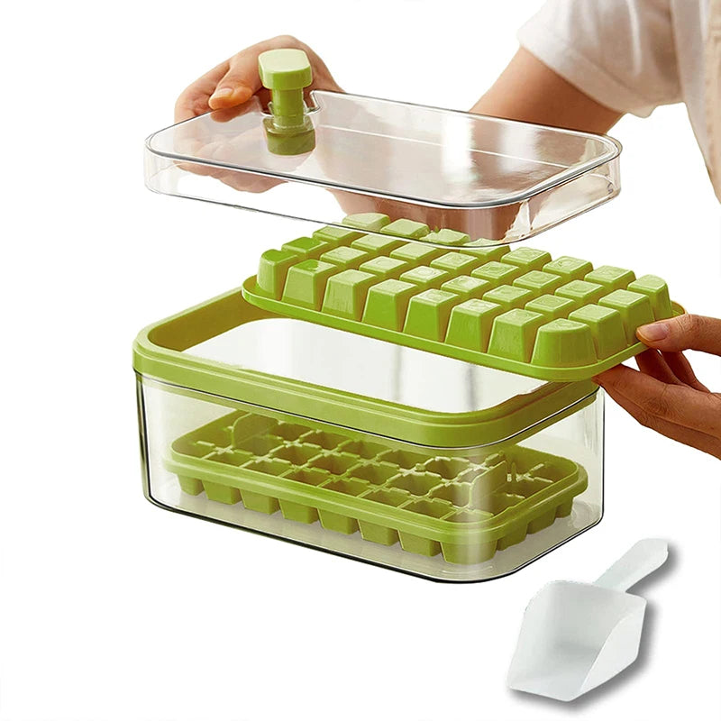 Plastic 2 Ice Cube Tray Mold and 1 Ice Bucket Box One Click Ice Cube Tray Tray With Container