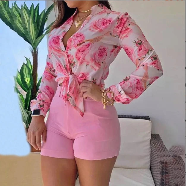 European and American Women's New Product Light Cooked Digital Printed Long Sleeved Shirt and Shorts Set