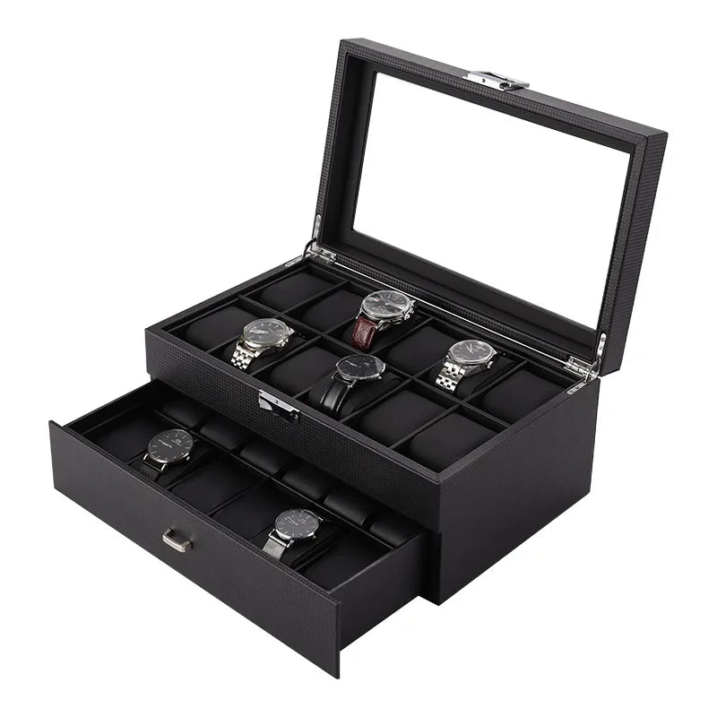 24 Watch Box Black Carbon Fiber With Double Layer Storage PU Leather Bracelet Display Wholesale Gift Boxes for Jewelry Packaging