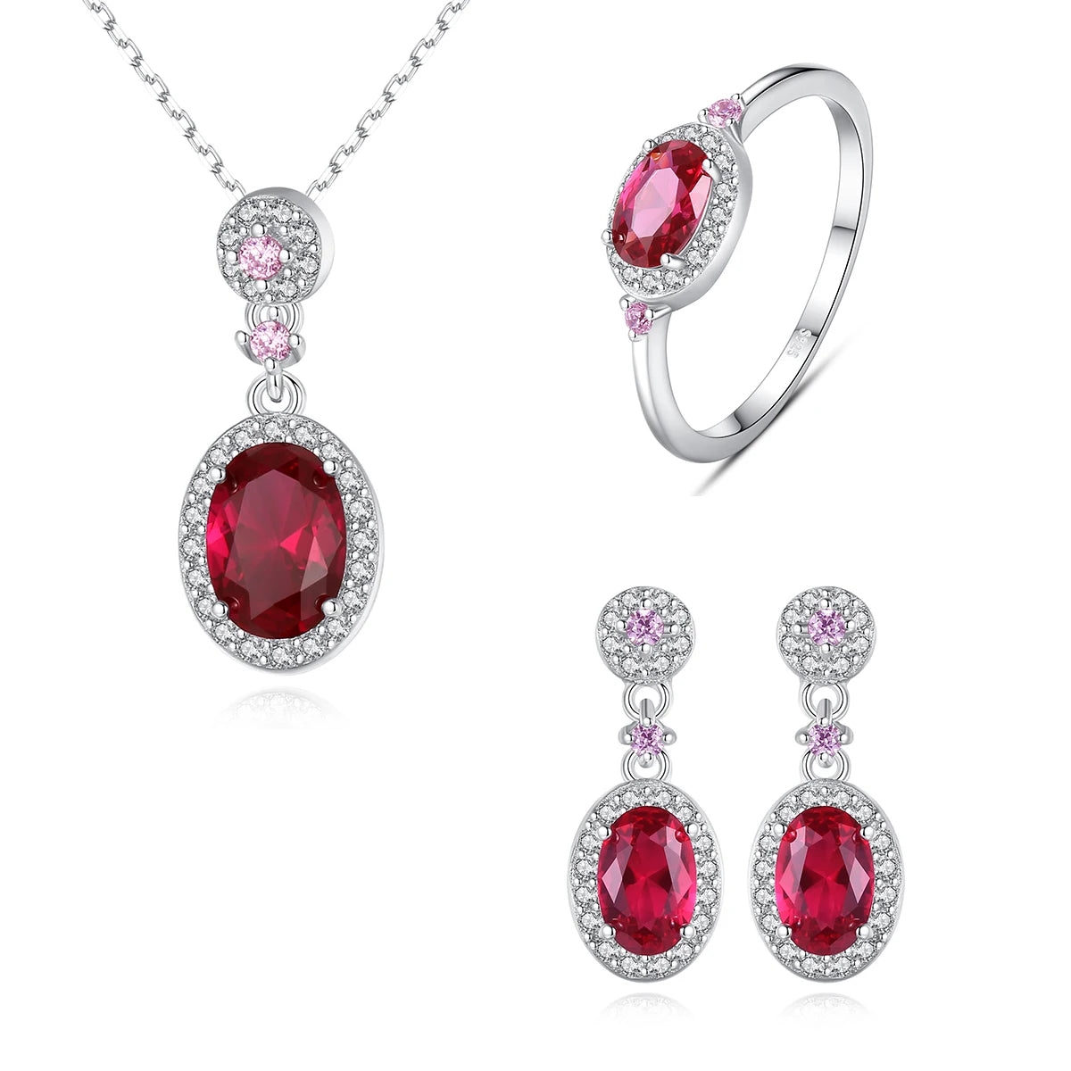 CZCITY Oval Earring Necklace Ruby Ring Fashion Earing Woman Zirconia Bridal Indian Jewelry Set