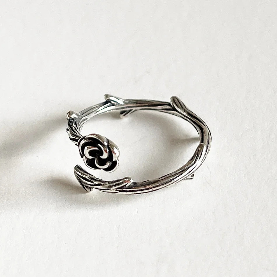 Vintage 925 Sterling Silver Adjustable Thorny Roses Ring Antique Retro Romantic Opening Flower Rings Ins Design Girls Jewelry