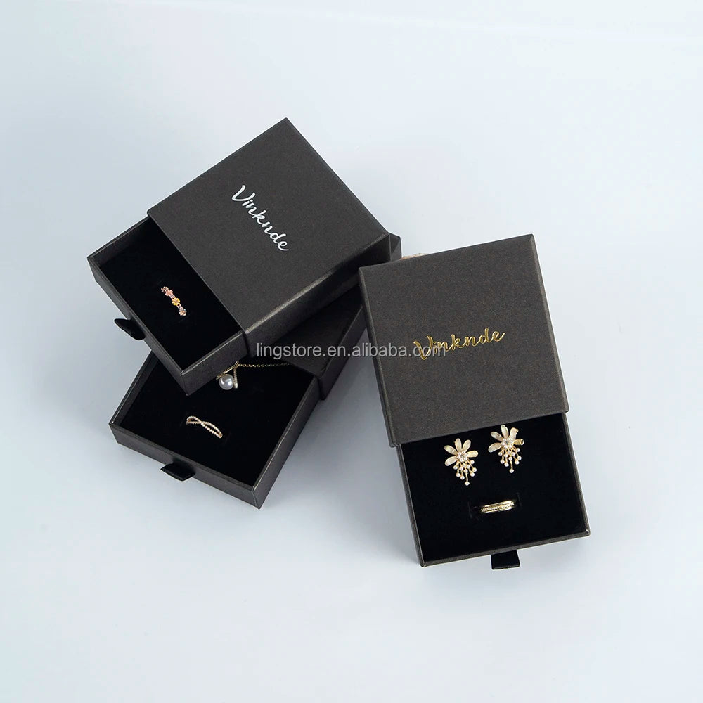 8*8*2.5cm High-End Satin Pull Tab Black Cardboard Jewelry Gift Box for Earrings Ring Pendant-Sliding Design with Elegant Style