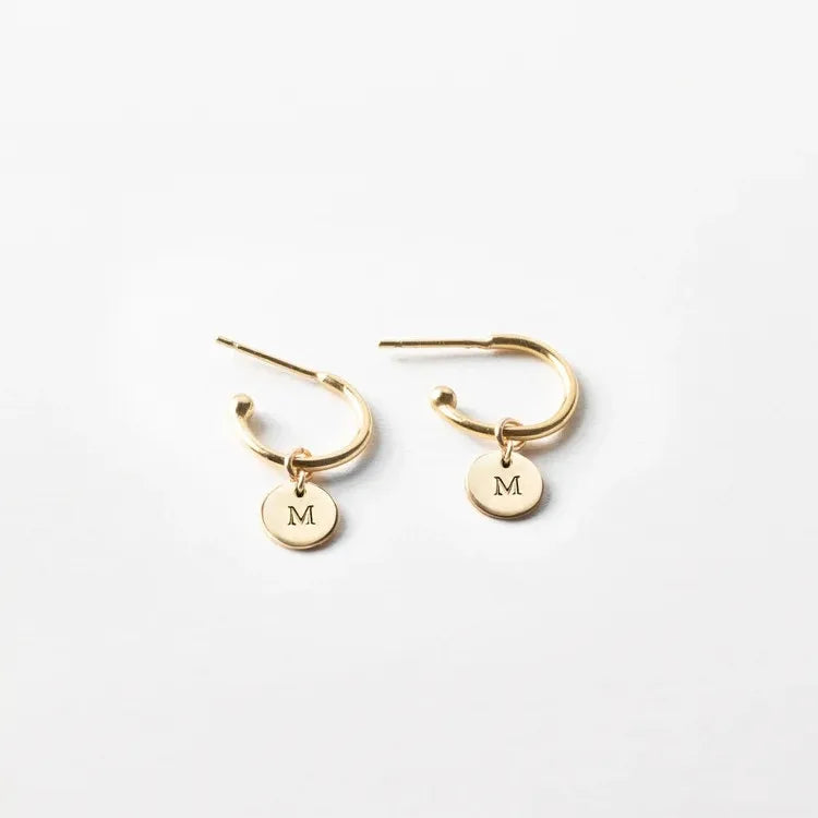 Personalized Custom Gold Plated 925 Sterling Silver Custom Engrave Disc Initial Hoop Earrings Wholesale