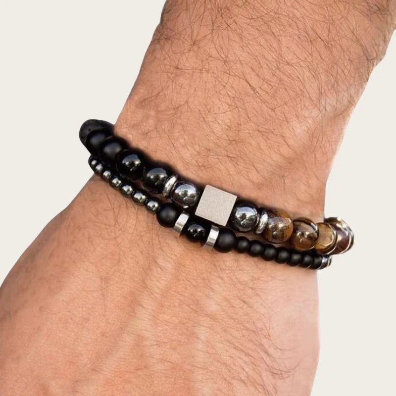 Europe and America Men Hot Natural Stone Bracelet 6mm8mm Black Scrub Elastic Beaded Bracelets Set