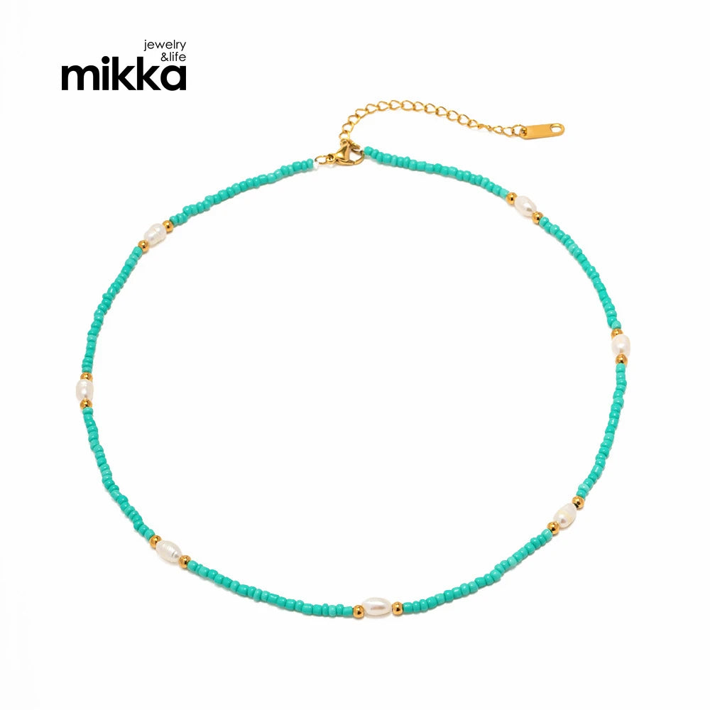 Bohemian Blue Stone Beaded Freshwater Pearl Bead Chain Necklace 18K Gold Stainless Steel Choker Necklace for Women Girls