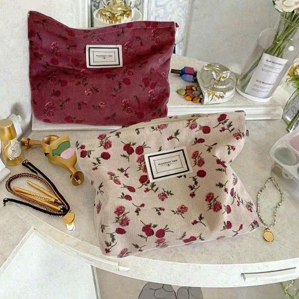 Travel Toiletry Bag Flower Printing Corduroy Cosmetic Bag Multifunctional Makeup Bag Small Purse Handbag Zipper Pouch Organizer