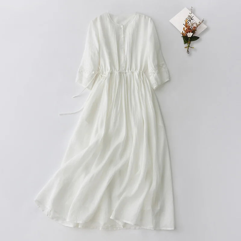Custom Wholesale Cotton Linen Dress Casual Double Layer Lace  Breathable 3/4 Sleeve A-Line  Midi Dress Summer Dresses