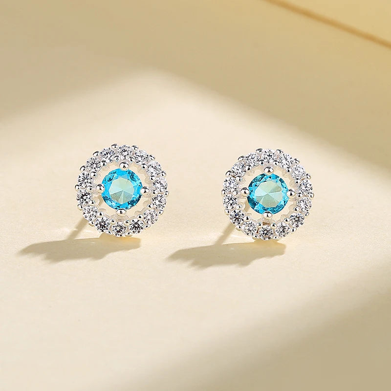 Blue Round 925 Hypoallergenic Fashion Jewelry Classic Vintage Sterling Silver Stud Earrings for Women