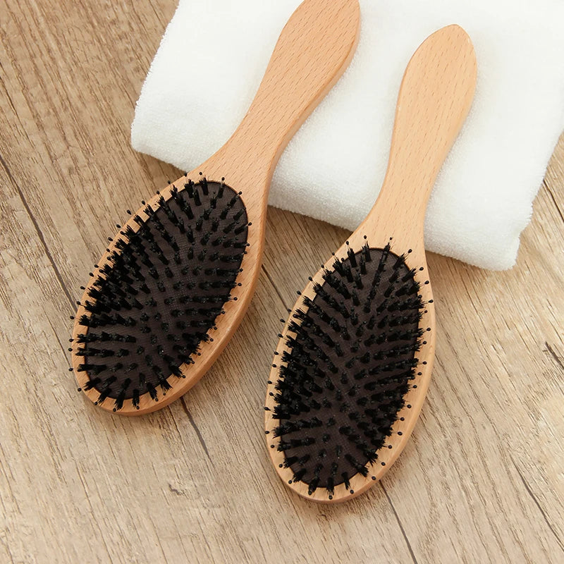 Free Sample Custom Round Shape Wooden Hair Brush with Cushion Natural Wood Paddle Scalp Massage Boar Bristle