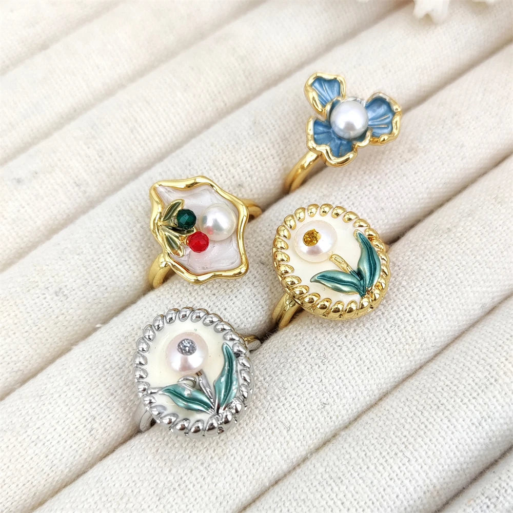 2025 Newest Flower Pattern Inlaid Pearl Ring Fashion Style Gold Silver Plated Adjustable Real Gemstone Rings for Daily Parties