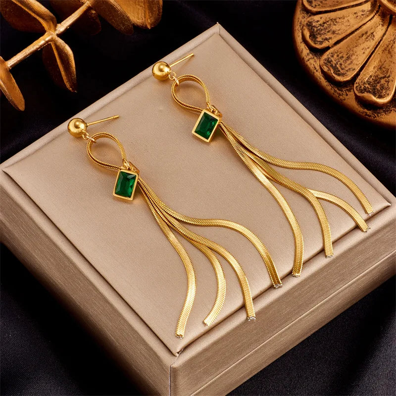 Vintage Tassel Earrings Herringbone Chain Earrings Green Rhinestone Stainless Steel Earrings for Women