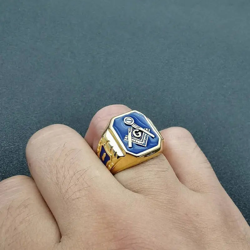 Fashion Style Hip Hop Stainless Steel Gold Plated Blue Glue Freemason AG Men Ring Jewelry As Gifts