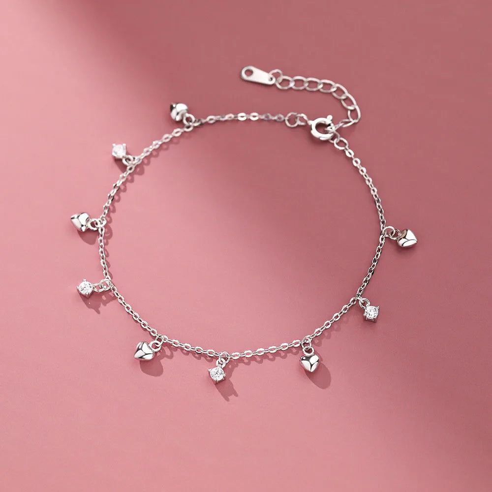 S999 Sterling Silver Chain Zirconia Heart Charm Bracelets Jewelry for Women Girls Gift Accessories YB-XY-593