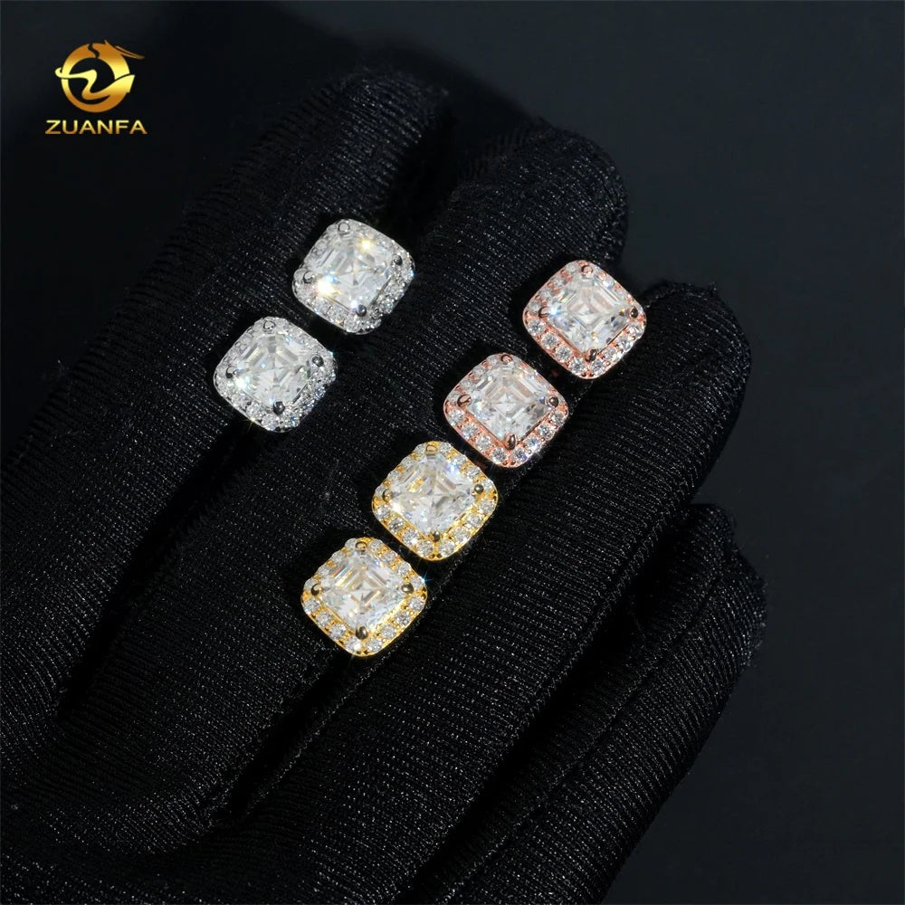 Ready to Ship Hip Hop Earring 925 Silver Asscher Cut 1.5ct Halo Men VVS Moissanite Earrings