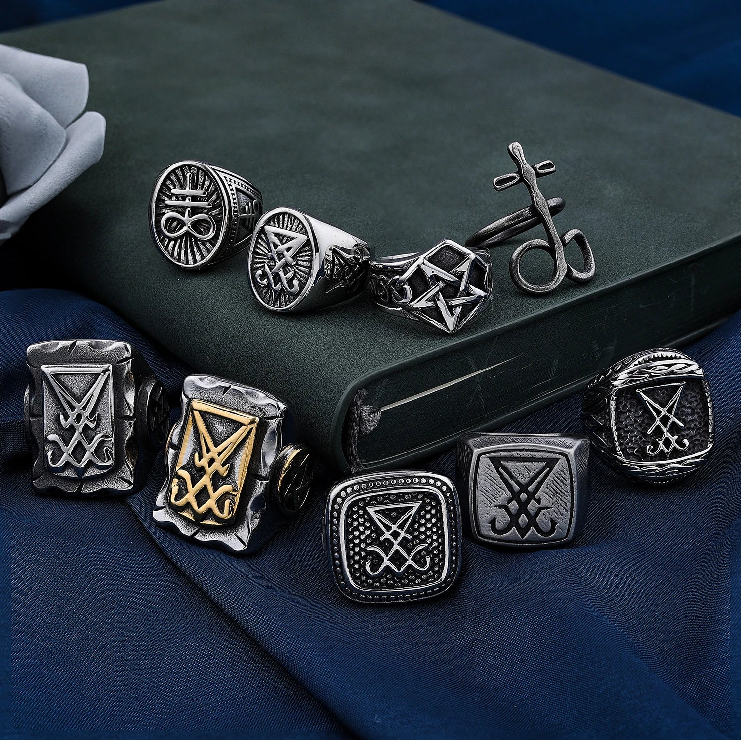 Vintage Silver Goth Gothic Jewelry Evil Demon Baphomet Signet Sigil of Lucifer Seal of Satan Rings for Men Women