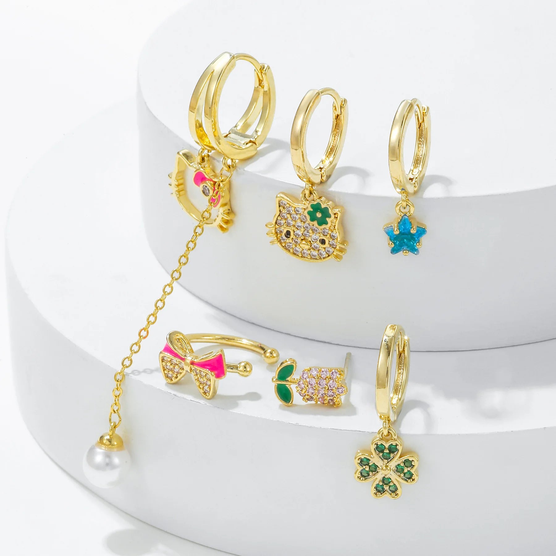 New Design Luxury Zircon Bow Earring Set 18K Gold Plated Brass Earrings Fashion Jewelry Flower Animal 6-Piece Earrings for Women