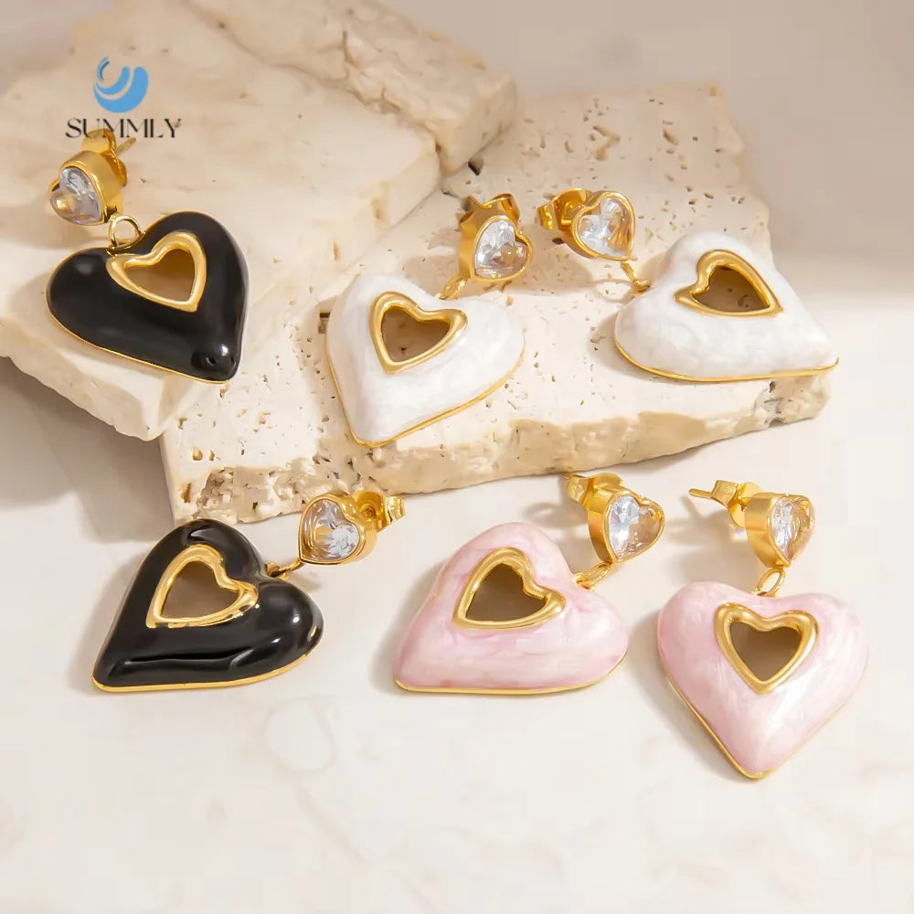 SUMMLY Trendy Wholesale Luxury Creative Hollow Heart Pendant 18K Gold Plated Stainless Steel Earrings Fashion Jewelry