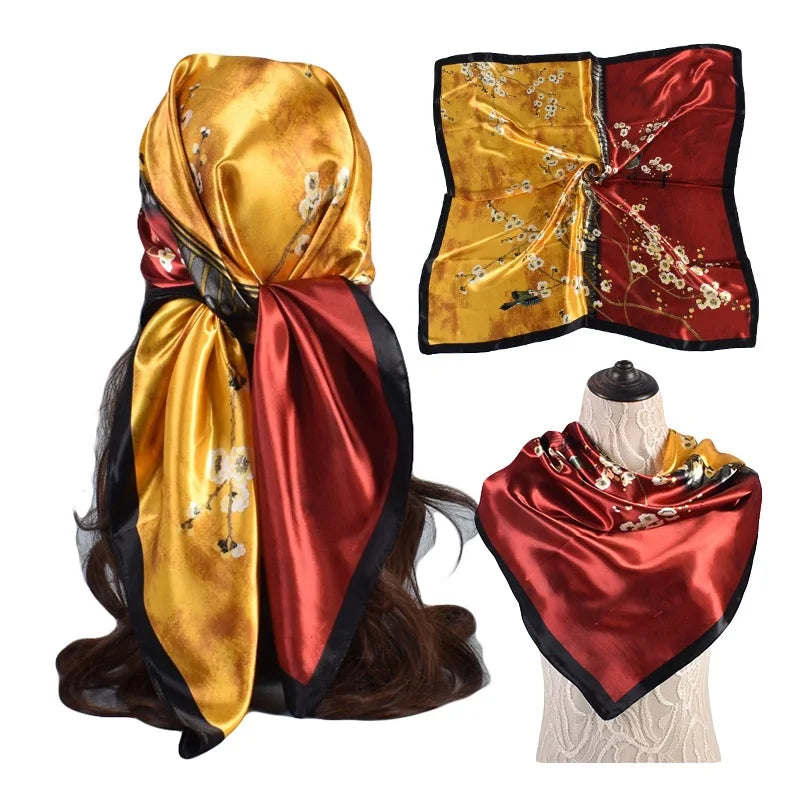 2024 New Chinese Style Flowers Imitated Silk Silk Satin 90cm square  Milk Silk Scarf Female Shawl Scarf Fashion Kerchief