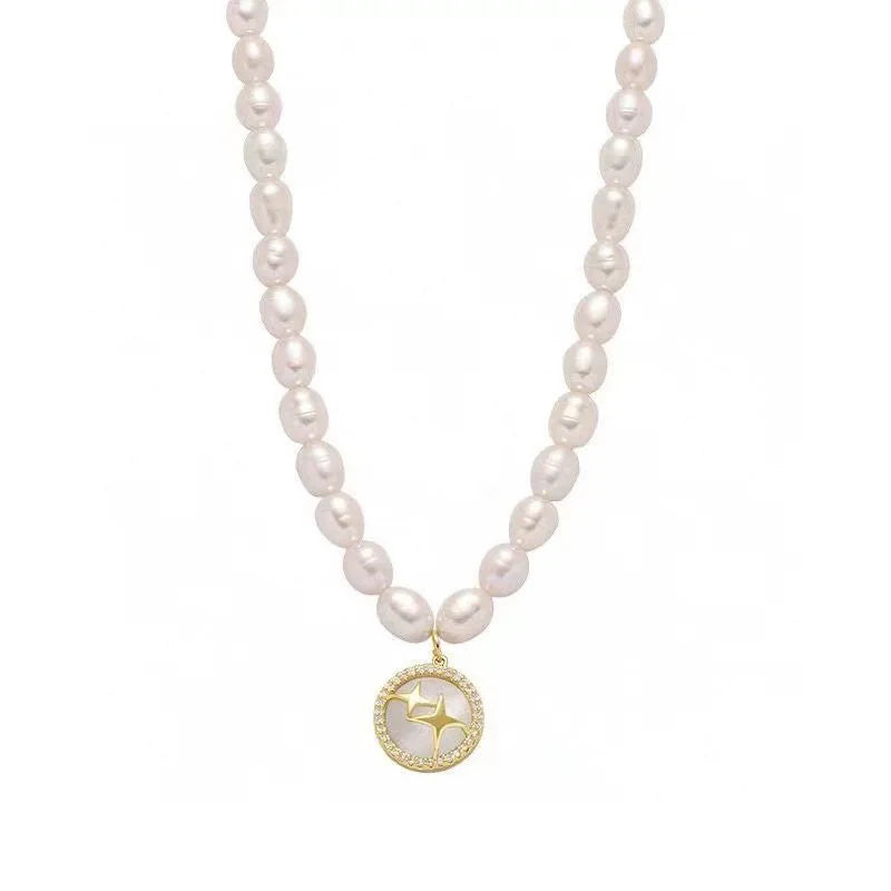 2024 New Fashion Cat's Eye Star Pendant Necklace Natural Freshwater Pearl Butterfly Shape 14k Gold Copper Plating Clavicle Chain