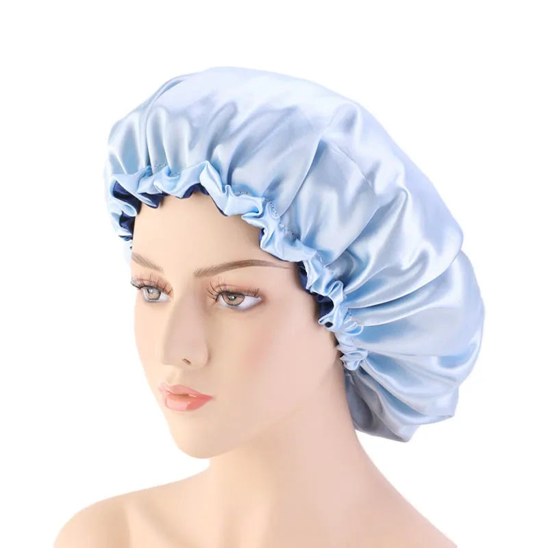 Factory Wholesale Custom Logo Printed Satin Silk Women's Designer Hair Bonnet Light Blue Sleeping Cap Casual Four Seasons Use
