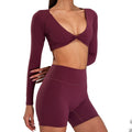 Women's Comfortable Long Sleeve Stretchy Quick Dry Twist Fitness Tops Shorts Set Active Sportswear XL Size Breathable Spandex
