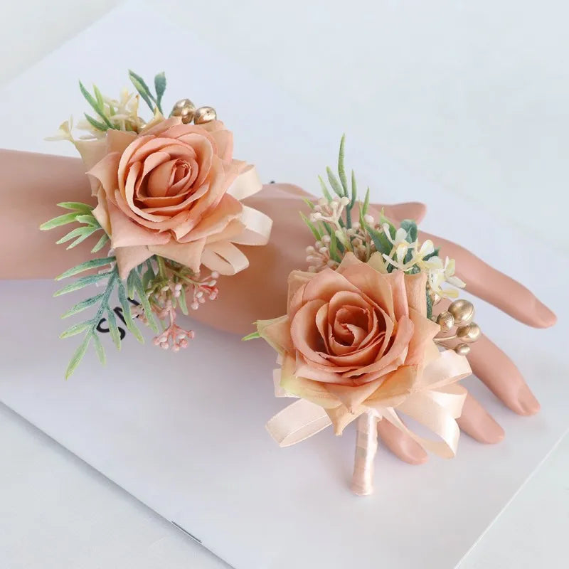 Hot Sale Prom Artificial Flower Wrist Corsage Bracelets Boutonniere for Men Wedding Flowers Accessories Prom Suit Decorations