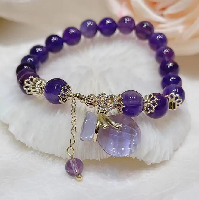 Natural Stone Amethyst Bracelet Zircon Crystal Amethyst Bead Bracelet Money Bag Charm Pendant Bracelet