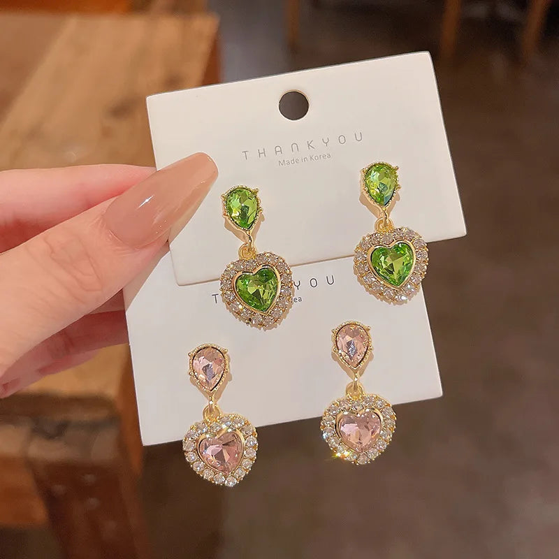 S925 Silver Needle Shiny Zircon Diamond Earring Pink Green Heart Earrings Fashion Luxury Drop Earrings Women Jewelry