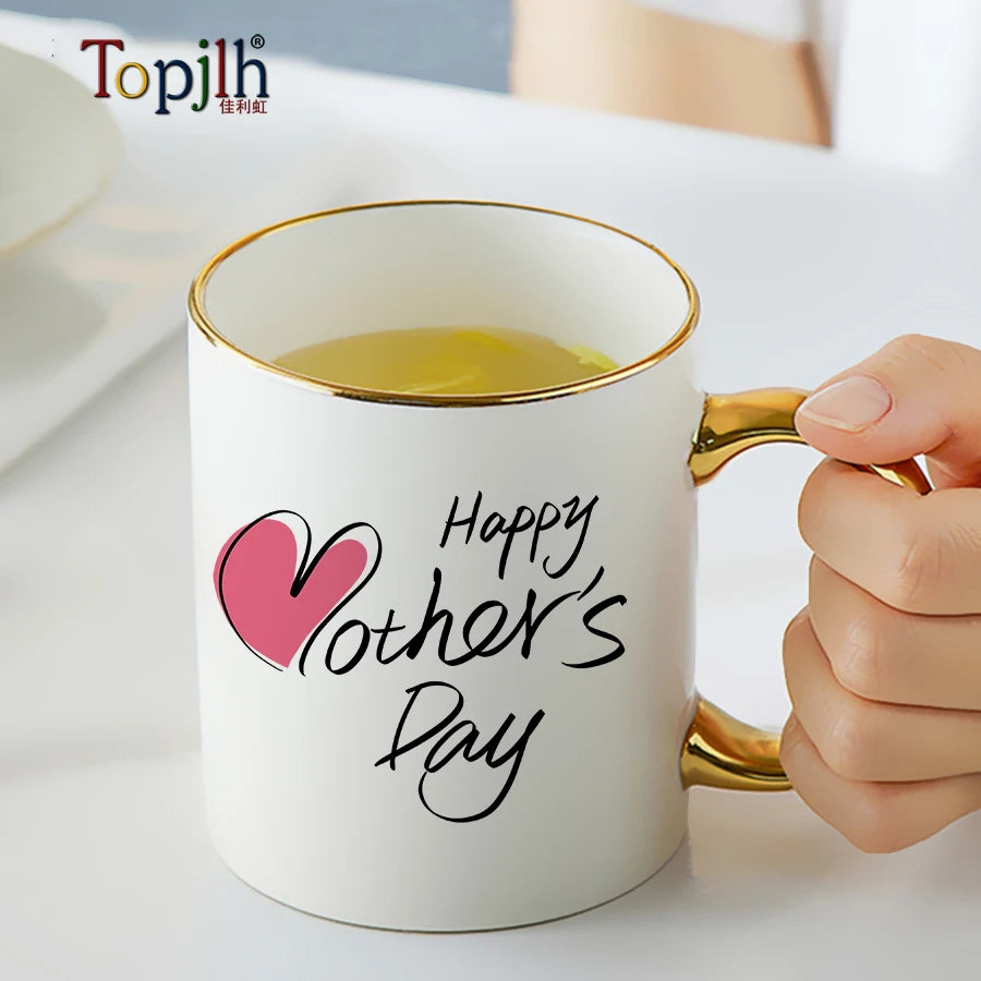 Topjlh Wholesale Fancy Gift Sublimation 11oz White Mug With Gold Handle and Rim Custom Picture Sublimation Mug