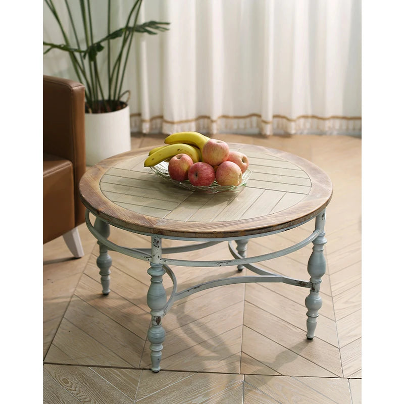 Innova Hand Painted European Vintage Rustic Wooded Coffee Table Metal Base Round Retro Dining Side Table for Living Room