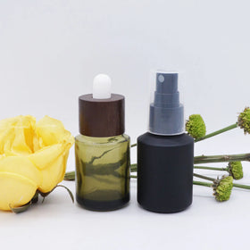 30 ml Olive Green Black Dropper Bottle Serum with Dark Wooden Lid