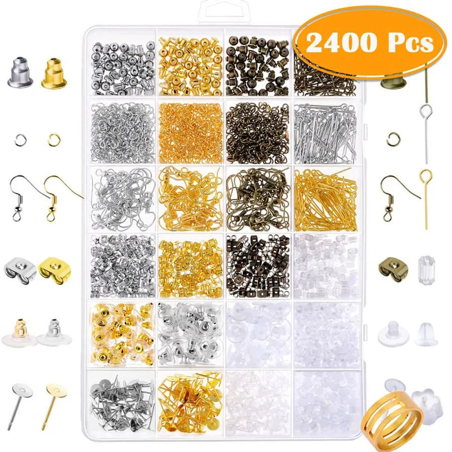 2400Pcs Earring Making Supplies Kit with 24 Style Earring Hooks Earring Backs Earrings Posts and Earring Making Findings MegaBDM