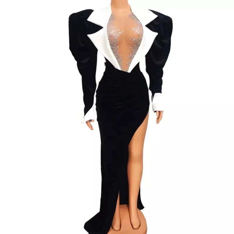 Singer Stage Black Vintage Puff Sleeves Velvet Rhinestone Sexy Club Stage Show Costume Bodysuit Skirt Women Evening Dress