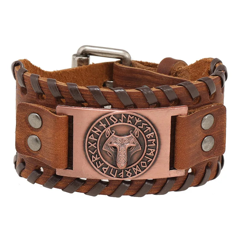 New Arrival DPANCO Punk Style Zinc Alloy Cuff Bracelet Viking Oath Bracelet Genuine Leather Viking Knit Bracelet for Men