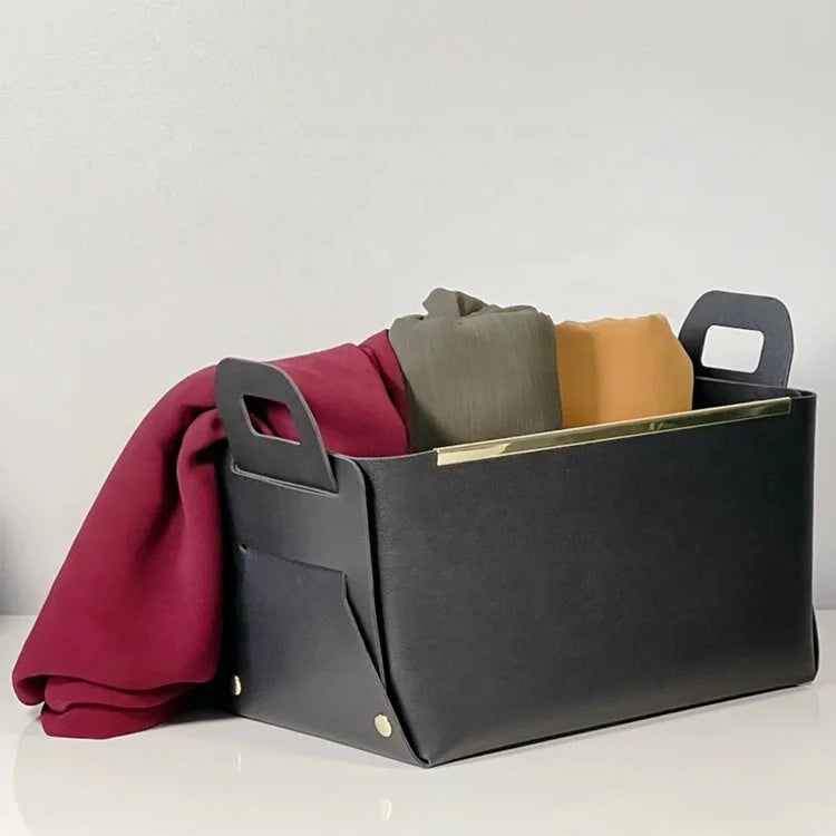 PU Leather Countertop Decorative Storage Bin Custom Home Office Storage Organizer Metal Edge Folding Storage Baskets With Handle