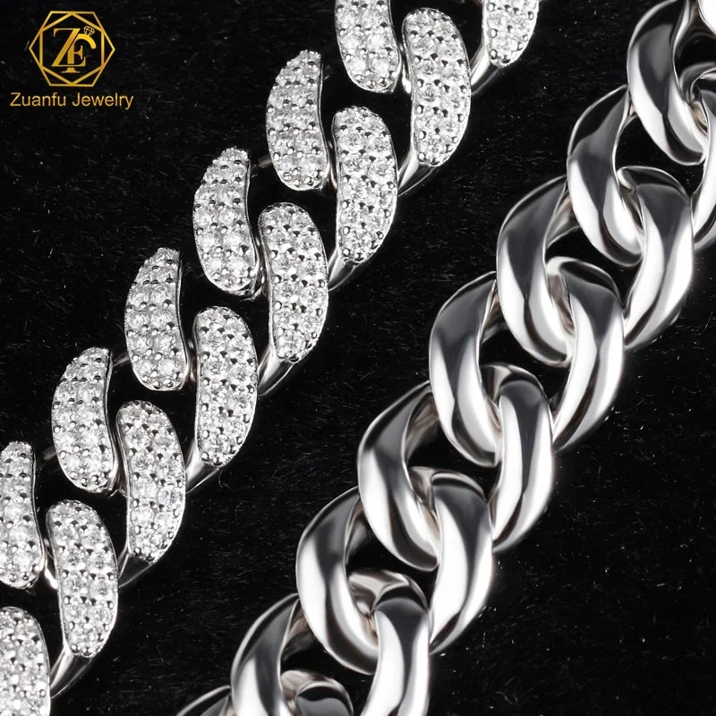 2025 Fashion Jewelry White 8mm 10mm 12mm Hip Hop Necklace Miami Link Cuban Chain 925S Plated Gold Chain for Men Women
