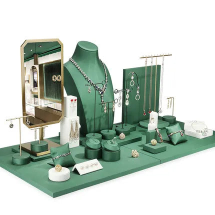 Luxury Classic Green PU leather Covered Jewelry Display Stand For Earrings Ring Necklace Jewelry Display Set for jewelry store