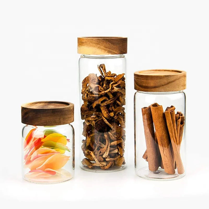 China Suppliers Kitchen Small 120ml 200ml Wooden Lid Airtight Food Spice Storage Jar Containers with Wood Lids