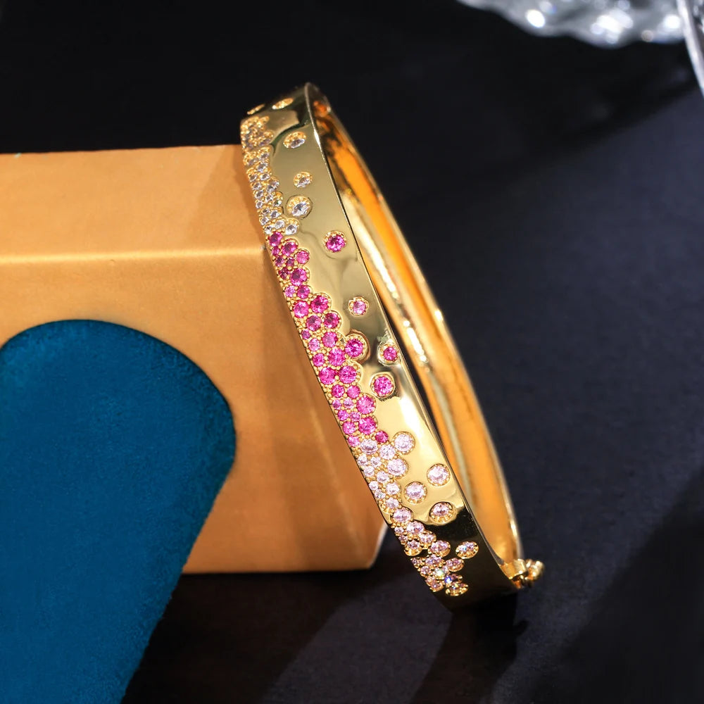 Pretty Chic Round Pink Red Cubic Zirconia Luxury Open Cuff Bangle for Women Indian Dubai Gold Plated Wedding Party Jewelry