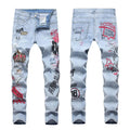 OEM Logo High-street Hip-hop Men's Light-colored Hole Embroidery High-end 3D Three-dimensional Printing KING Stretch Jeans