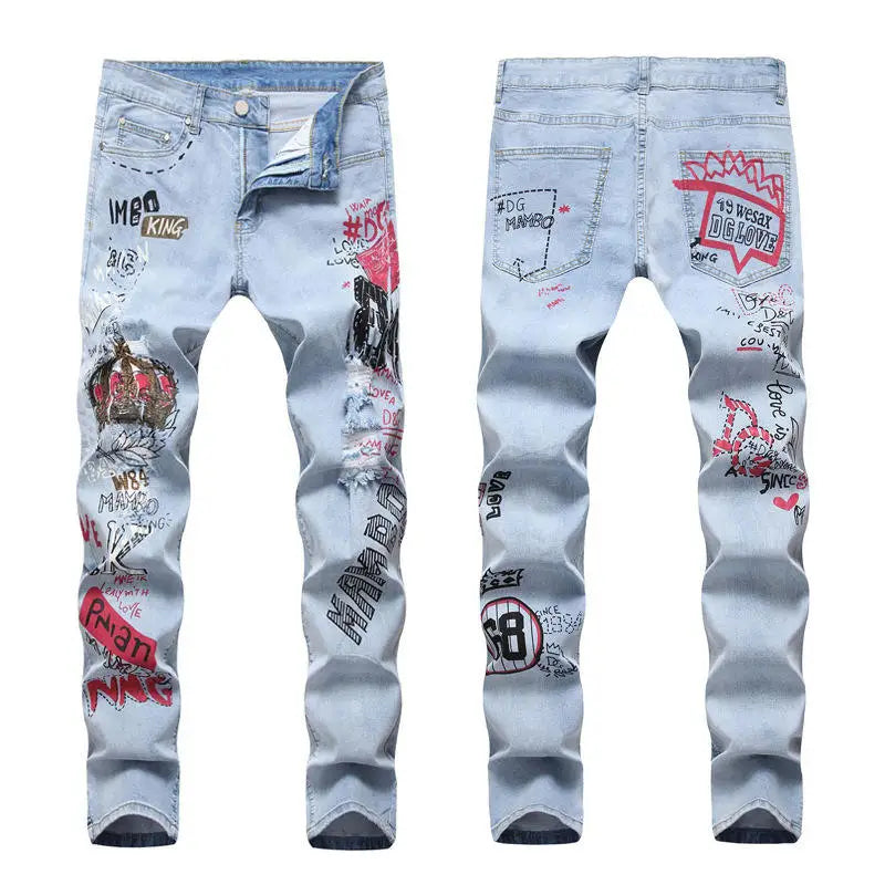 OEM Logo High-street Hip-hop Men's Light-colored Hole Embroidery High-end 3D Three-dimensional Printing KING Stretch Jeans