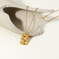 Tarnish Free 18k Stainless Steel Gold Plated Colorful Zircon Hammer Pattern Square Pendant Necklace for Women