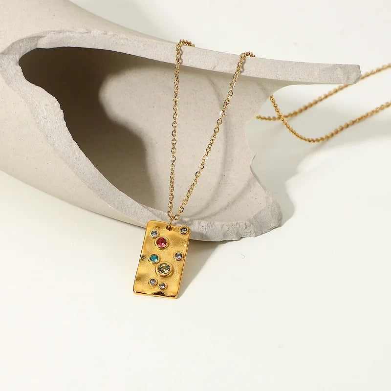 Tarnish Free 18k Stainless Steel Gold Plated Colorful Zircon Hammer Pattern Square Pendant Necklace for Women