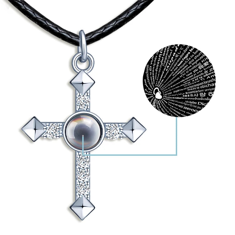 Silver Cross Necklace 100 Languages Pure Silver 925 I Love You With Rope Chain Gift for Man