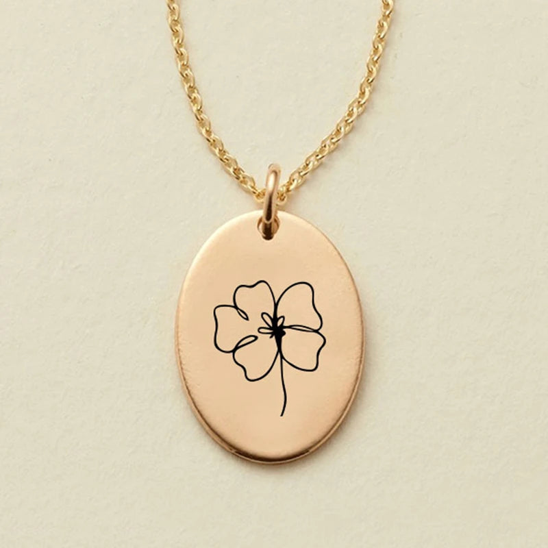 Minimalist  Personality 316L Stainless Steel 18mm*12mm  Engraved Birth Flower Oval Pendant Necklace